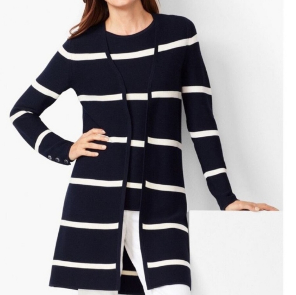 Talbots Navy and White Striped Cardigan